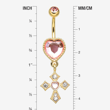 Detail View 1 of Golden Pink Heart Sparkle Cross Dangle Belly Button Ring-Pink/Clear Gem
